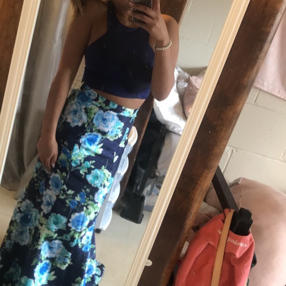 Blue floral 2peice prom dress